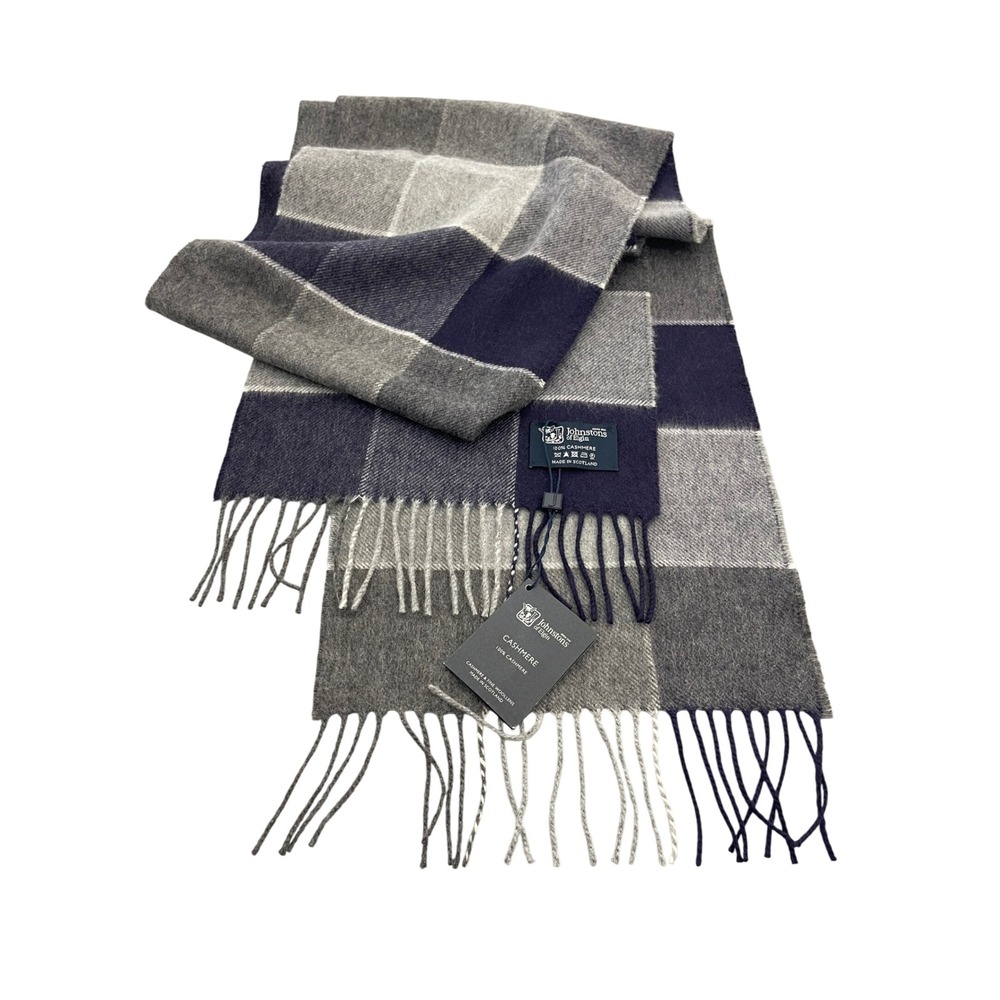 Johnstons of Elgin 100% Cashmere Scarf Navy Grey Block Check Plaid I07